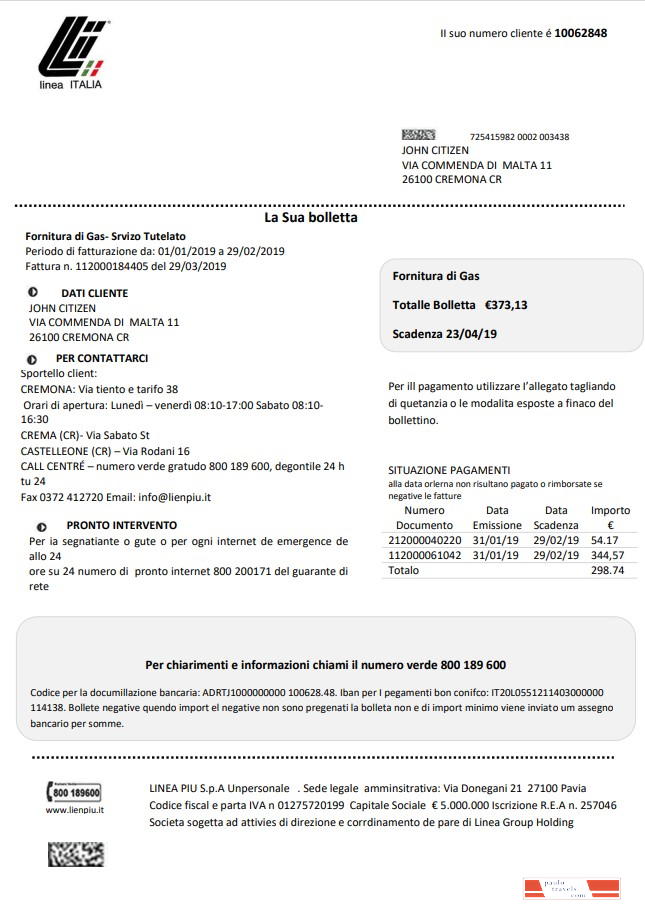 Italy Linea Italia utility bill template in Word and PDF format